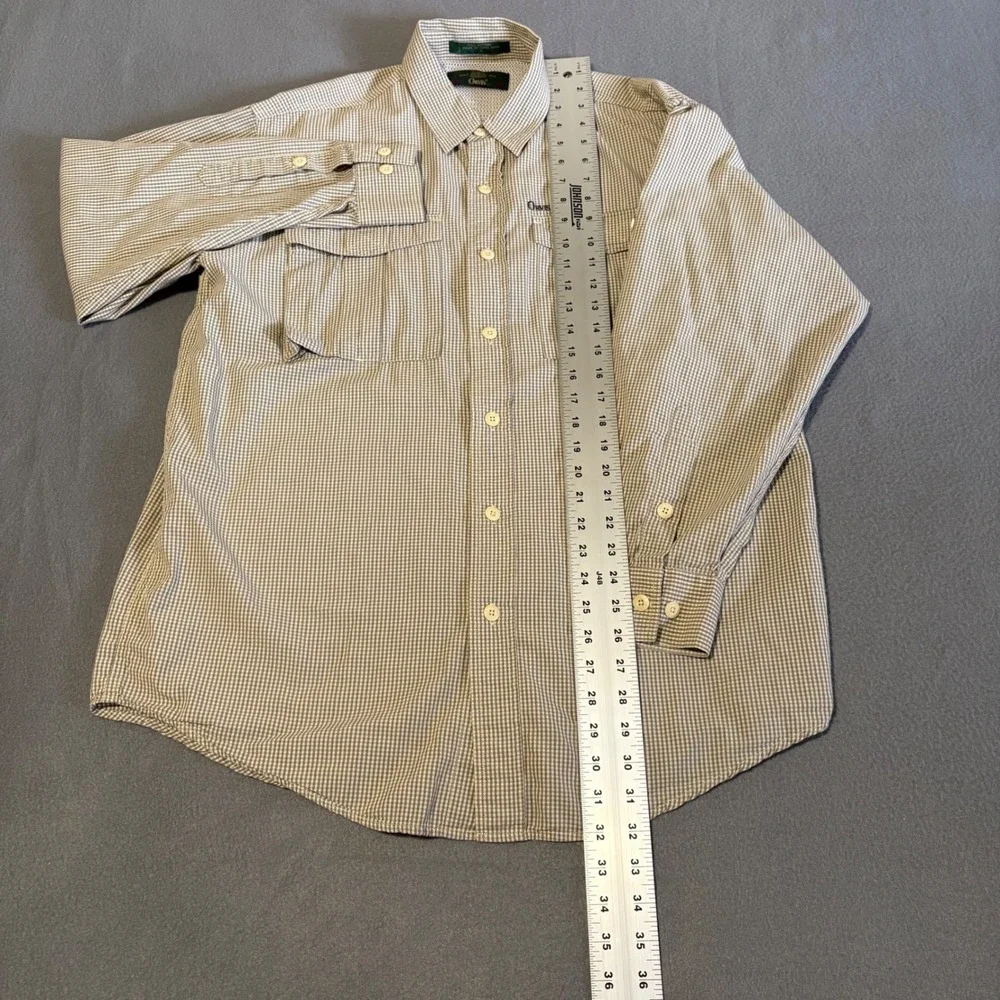 Vintage Orvis Fishing‎ Shirt Mens M Tan Gingham Cotton Utility Made in Hong Kong